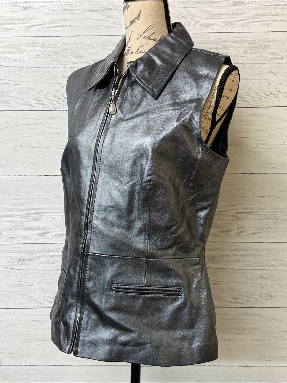 Margaret Godfrey Sleeveless Metallic Black Leather Zip-Front Vest
